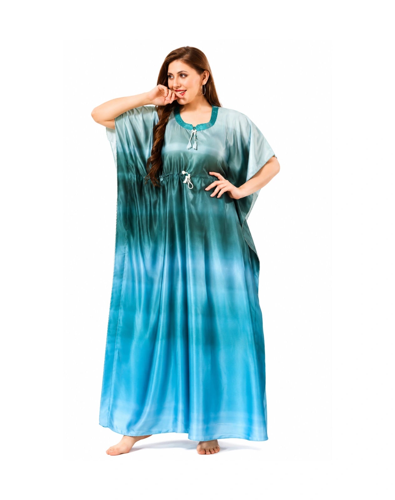 Women’s Blue Ombre Satin Kaftan Nighty – Soft Free Size Elegant Lounge & Sleepwear