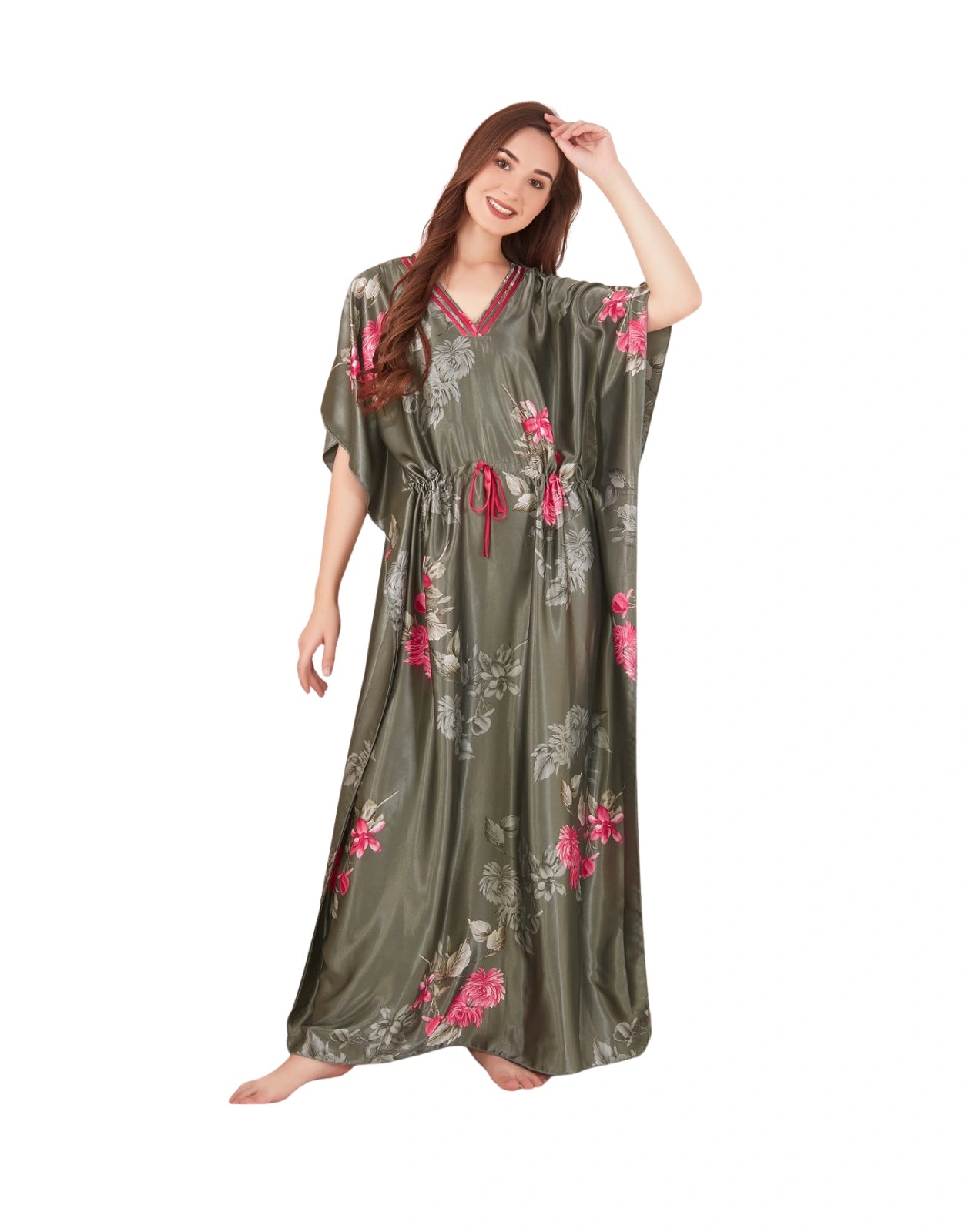 Women’s Olive Green Floral Satin Kaftan Nighty – Elegant Free Size Soft Lounge & Sleepwear