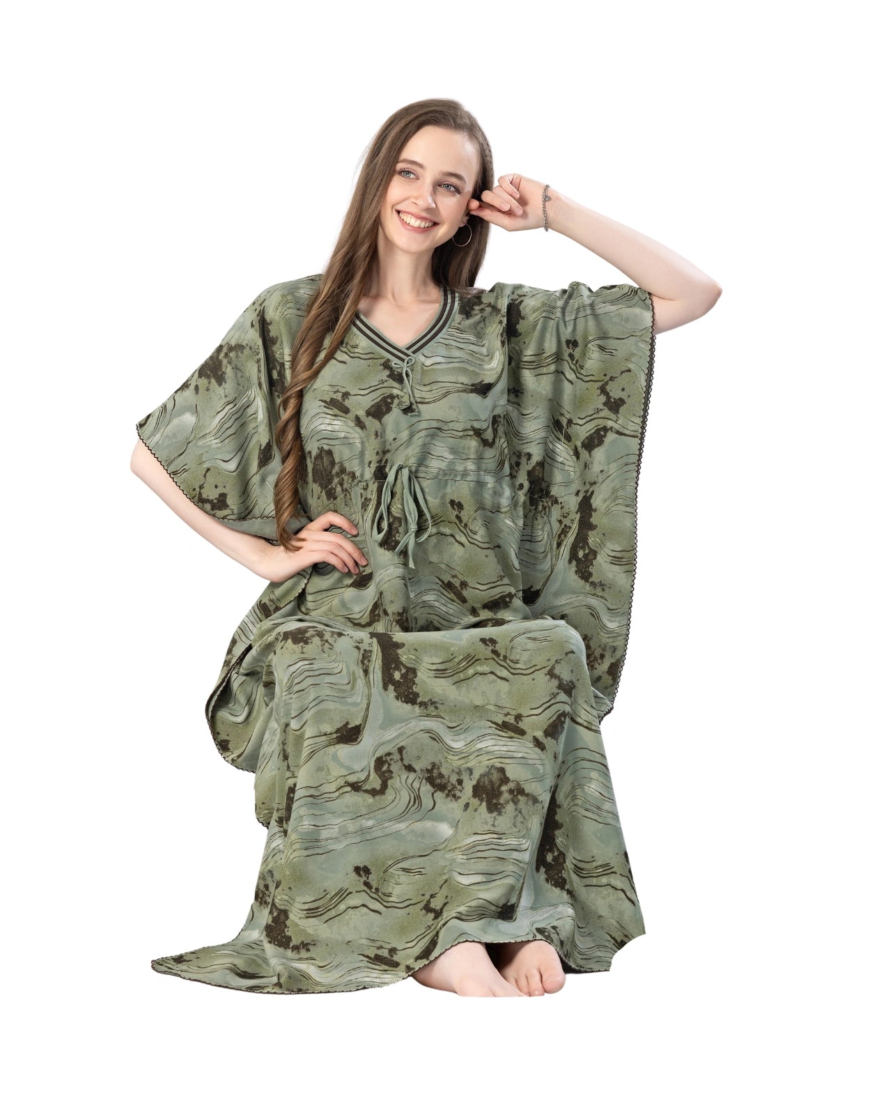 Women’s Olive Green Printed Kaftan Nighty – Stylish Free Size Comfort Wear for Daily Lounge & Sleepwear