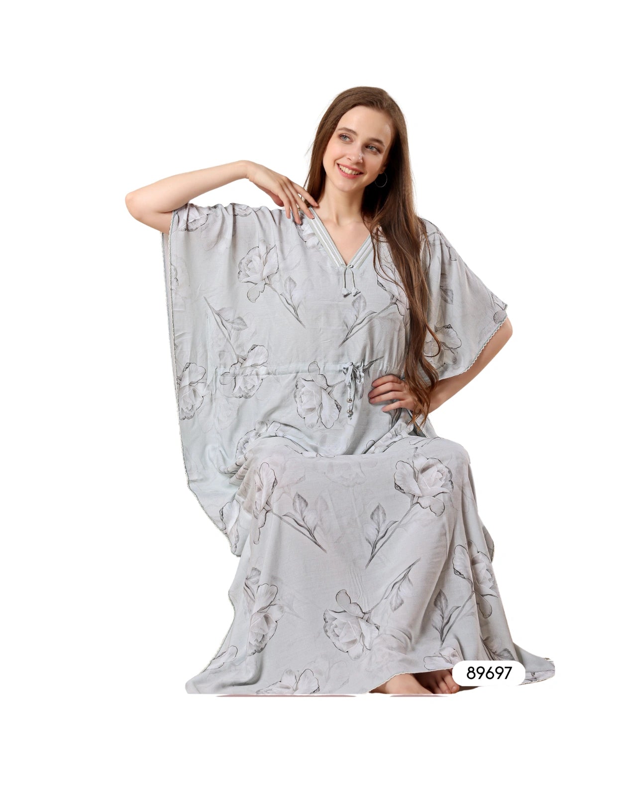 Women’s Light Grey Floral Printed Rayon Kaftan Nighty – Soft Free Size Comfortable Lounge & Sleepwear