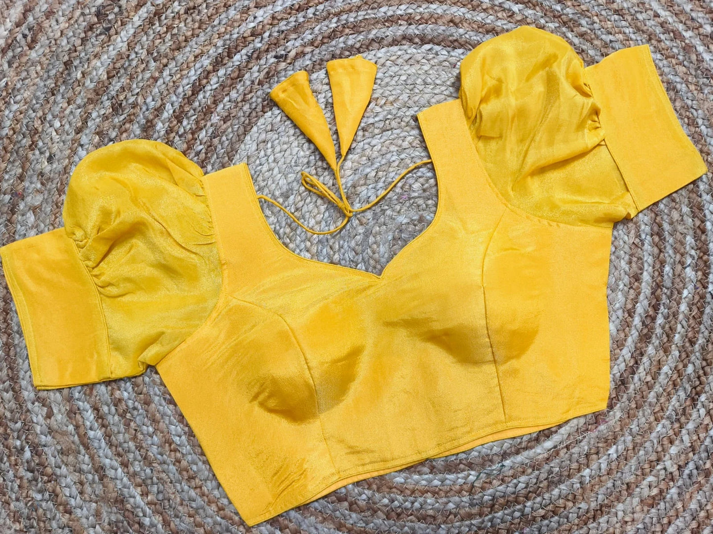 Plain Raw Silk Ballon Sleeves Readymade Blouse with Tie Back