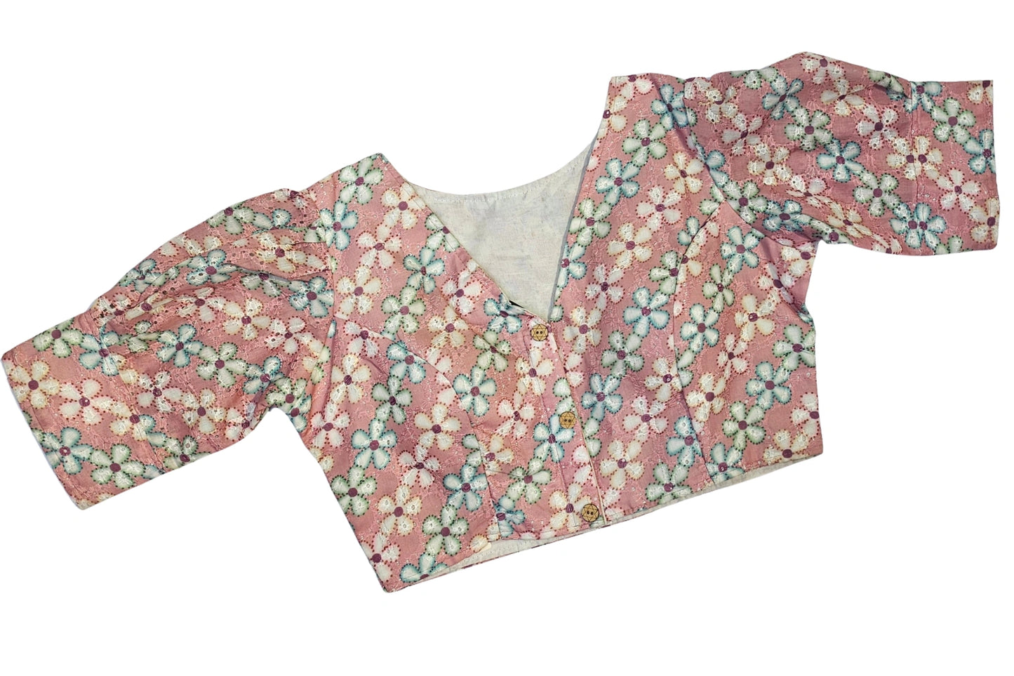 Cotton Floral Hakoba Blouse with Puff Sleeves and Front Buttons