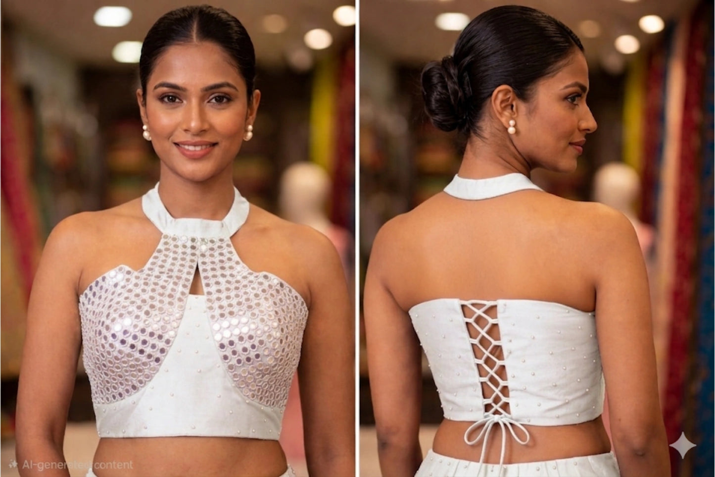 Designer Halter Neck Blouse with Mirror Work & Lace-Up Back