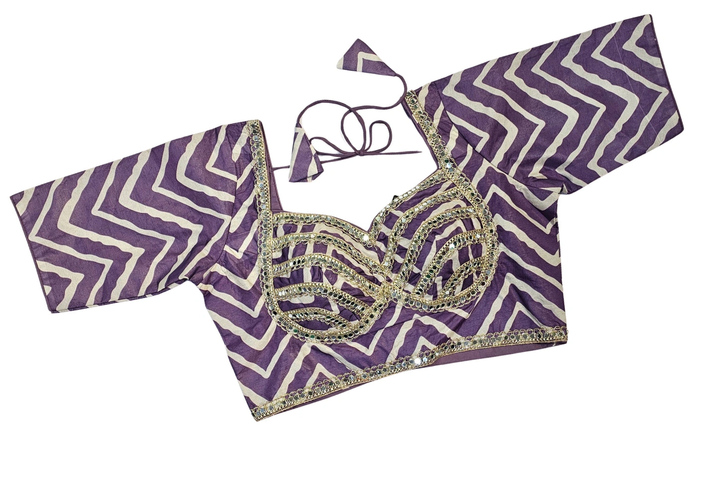 Leheriya Printed Blouse with Mirror Work & Tie-Up Back