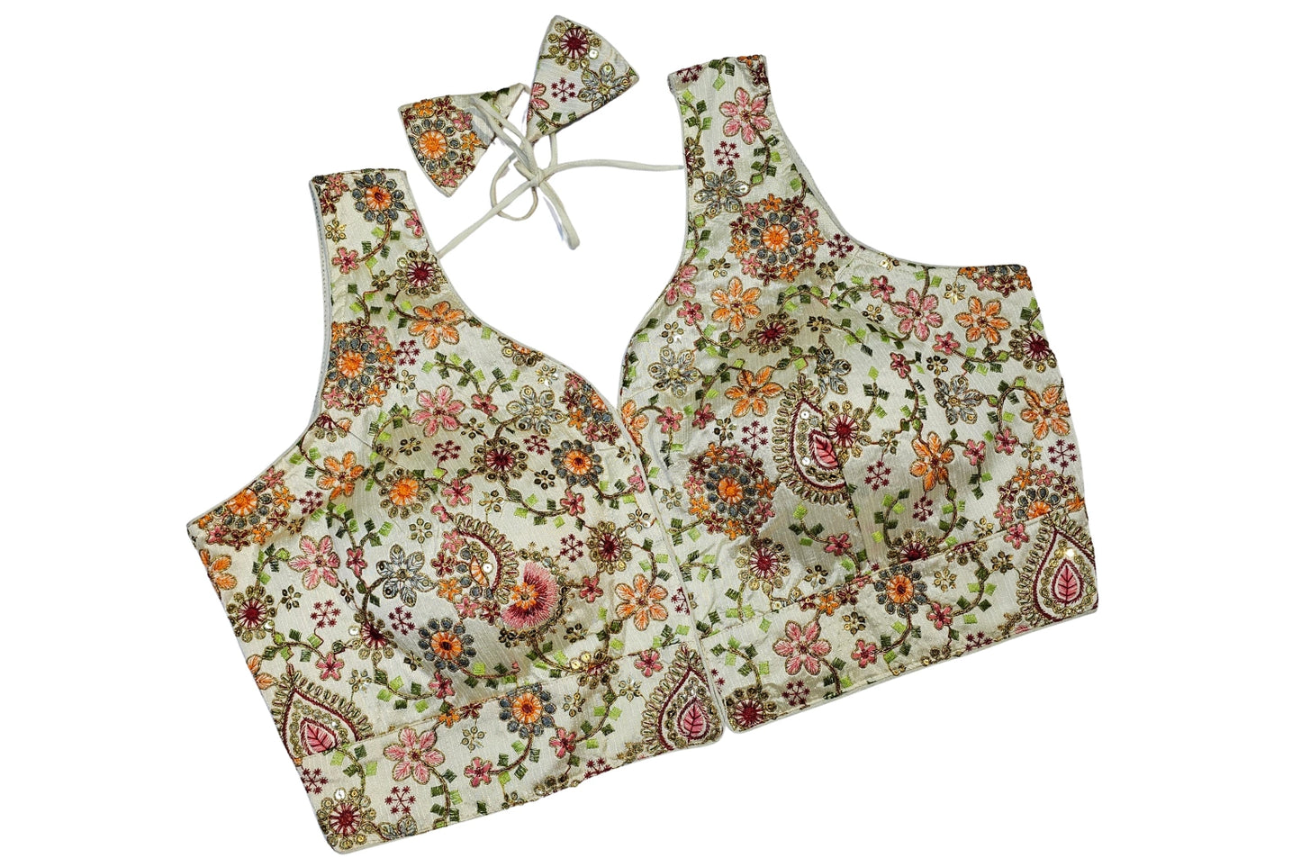 Ivory Floral Embroidered Blouse with Plus Size Fit & Tie-Up Back