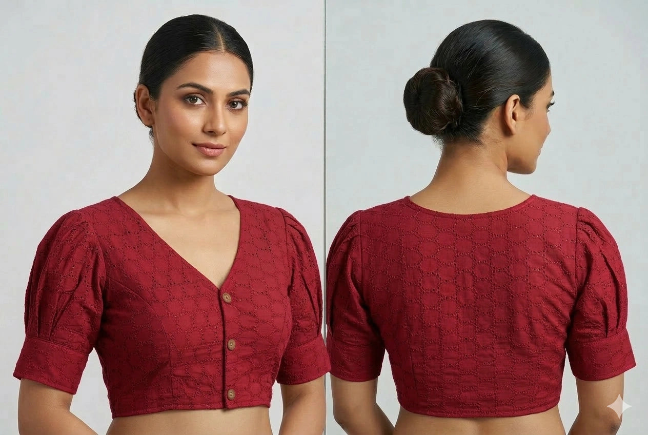 Plain Hakooba Cotton Ballon Sleeves Readymade Blouse