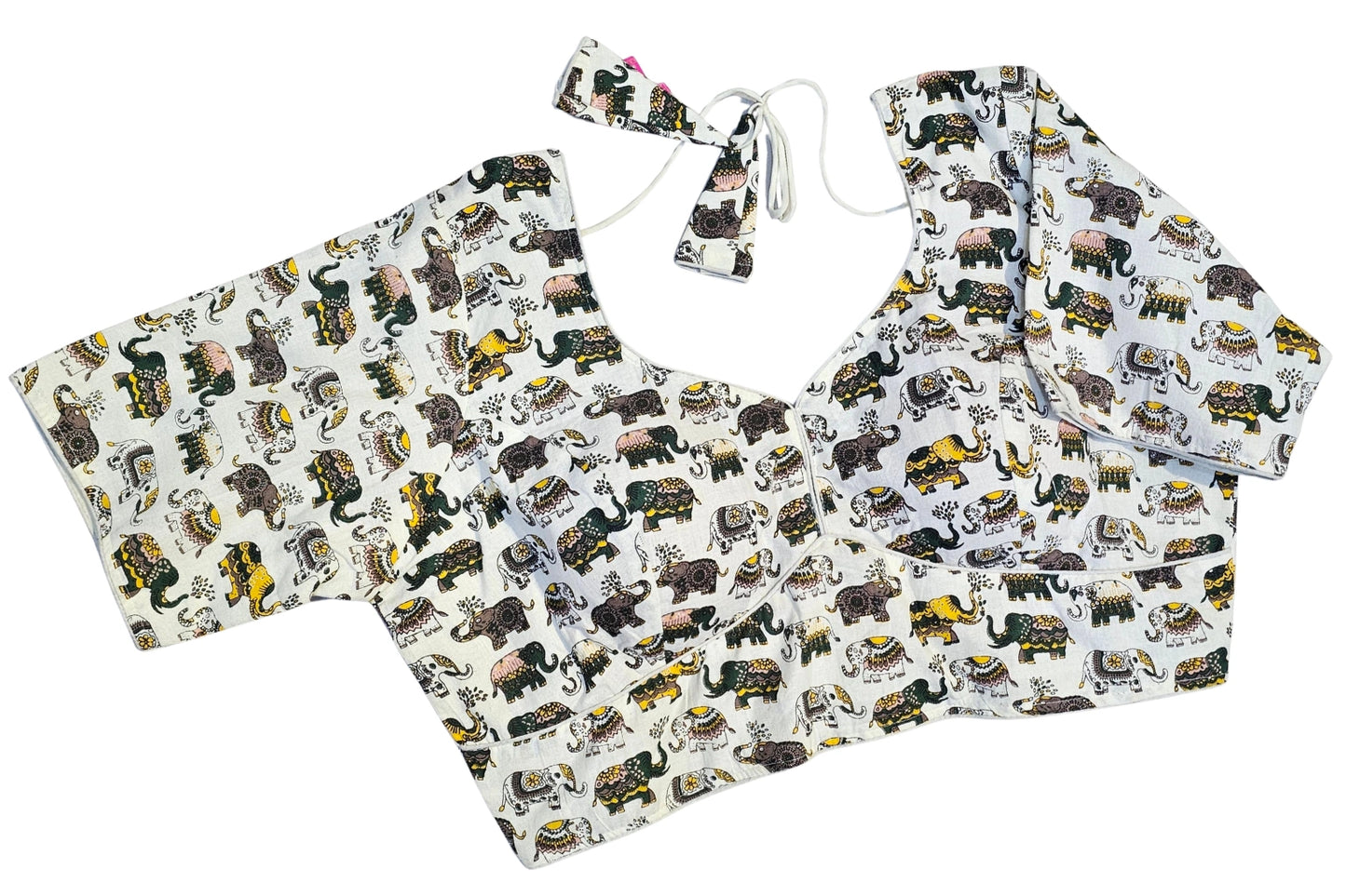 Cream Warli Print Pure Cotton Blouse with Plus Size Fit & Tie-Up Back