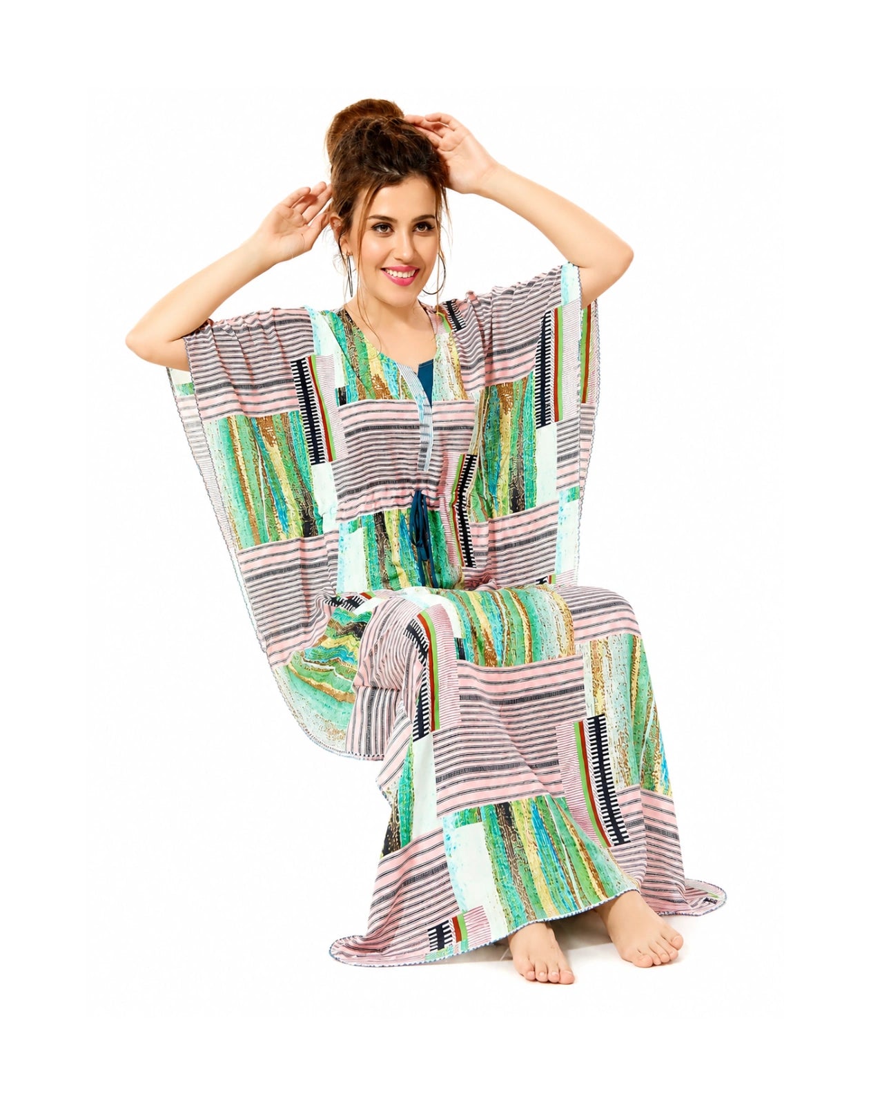 Women’s Multicolor Geometric Printed Rayon Kaftan Nighty