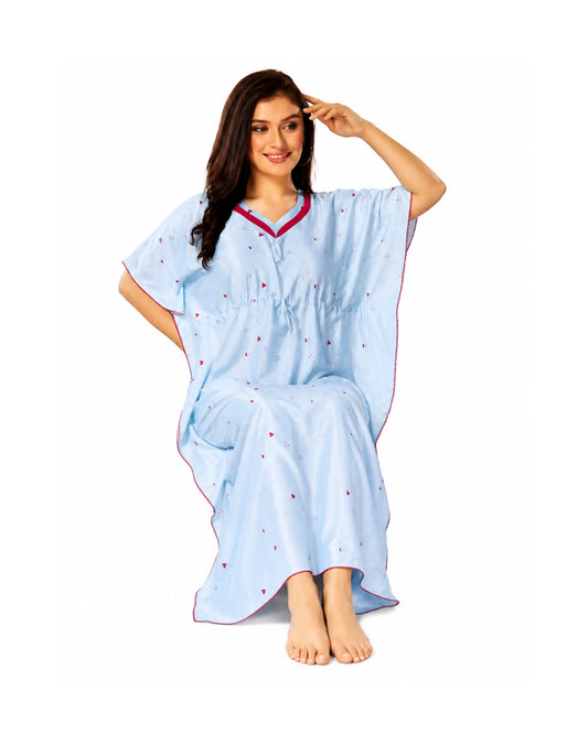 Women’s Baby Blue Satin Kaftan Nighty – Soft Free Size Printed Lounge & Sleepwear