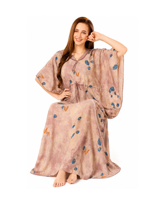 Women’s Peach Printed Rayon Kaftan Nighty – Elegant Free Size Soft Lounge & Sleepwear