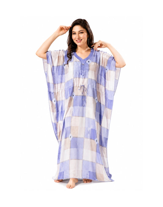 Women’s Lavender Check Printed Rayon Kaftan Nighty – Soft Free Size Comfortable Lounge & Sleepwear