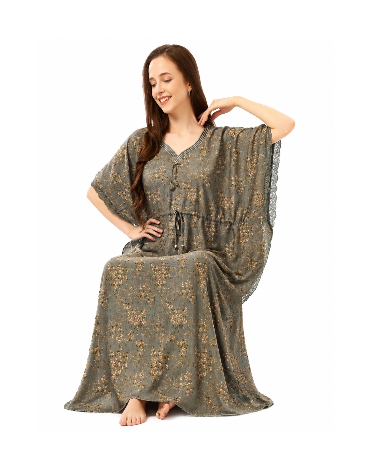 Women’s Olive Grey Floral Printed Rayon Kaftan Nighty – Soft Free Size Comfortable Lounge & Sleepwear