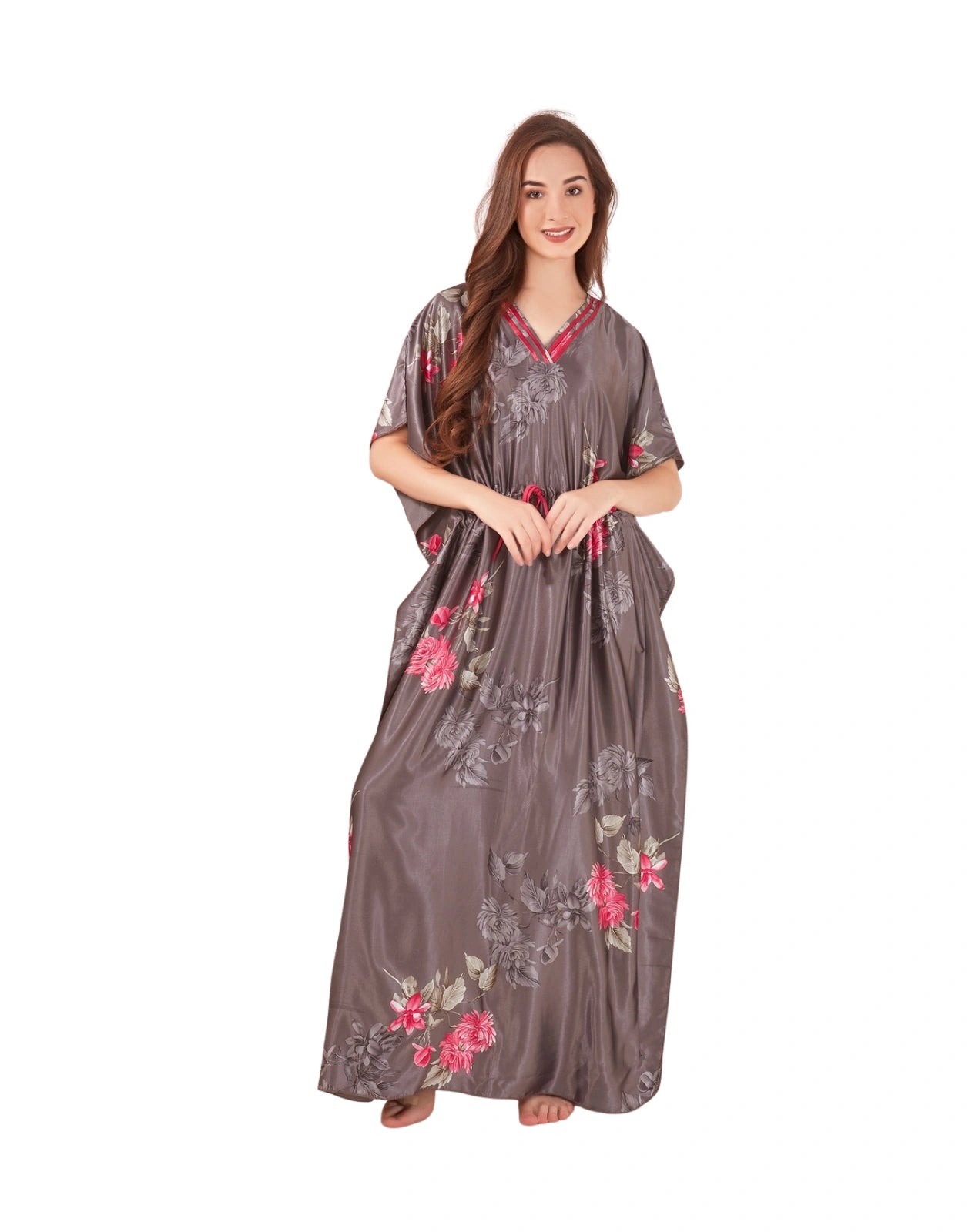 Women’s Grey Floral Satin Kaftan Nighty – Stylish Free Size Soft Lounge & Sleepwear