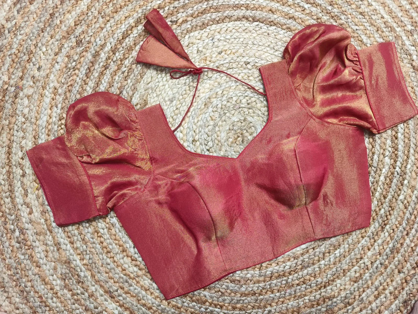 Plain Raw Silk Ballon Sleeves Readymade Blouse with Tie Back