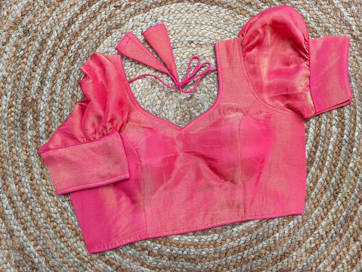 Plain Raw Silk Ballon Sleeves Readymade Blouse with Tie Back