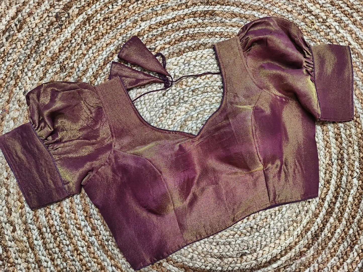 Plain Raw Silk Ballon Sleeves Readymade Blouse with Tie Back