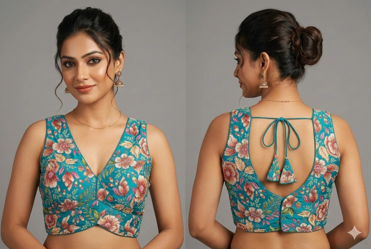 Floral Embroidered Designer Readymade Blouse with Tie-Back