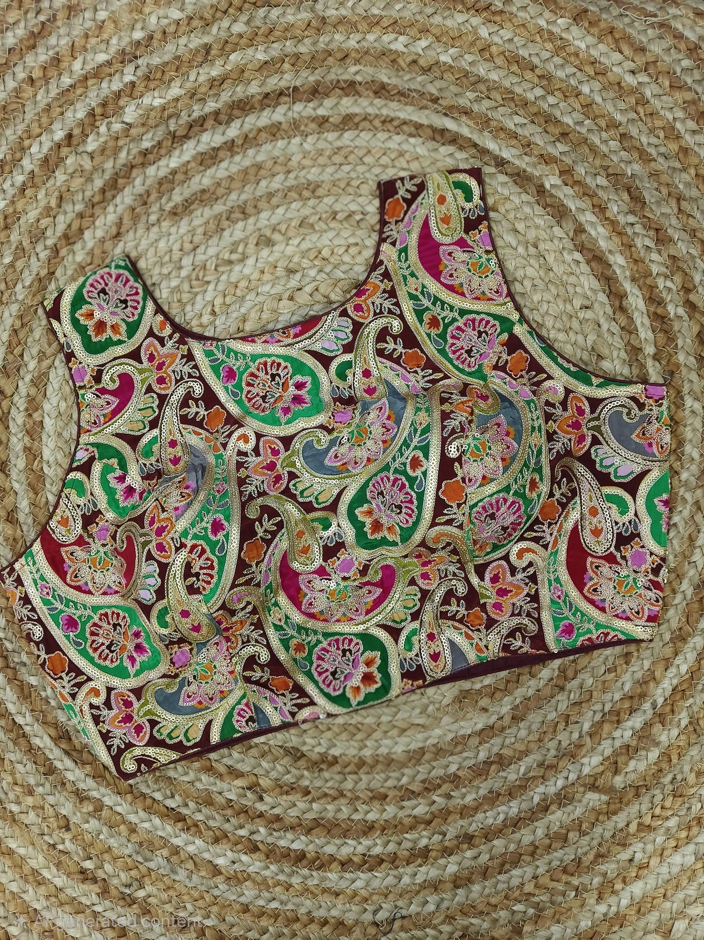 Boat Neck multicolor Golden Threadwork Readymade Blouse