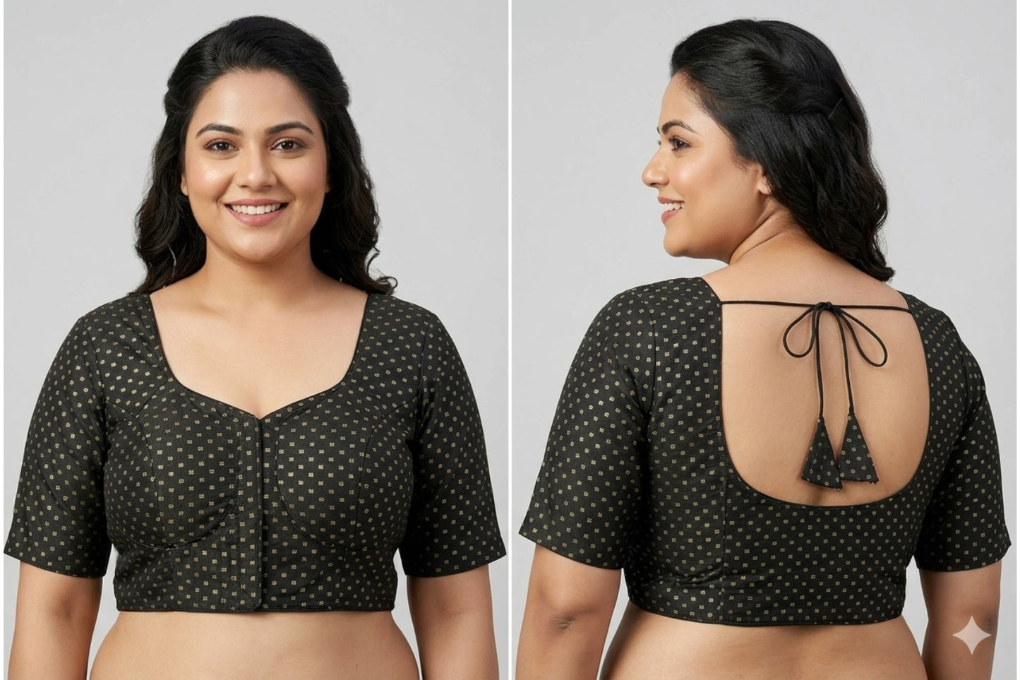 Elegant Golden Butti Blouse in Plus Size with Zari Detailing & Tie-Up Back