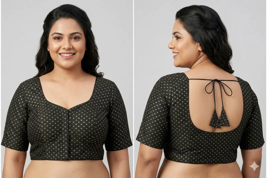 Elegant Golden Butti Blouse in Plus Size with Zari Detailing & Tie-Up Back
