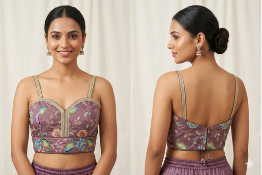Floral Embroidered Designer Readymade Strap Blouse with Sweet Heart Neck