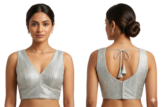 Designer V-Neck Blouse with Silver Stone Work