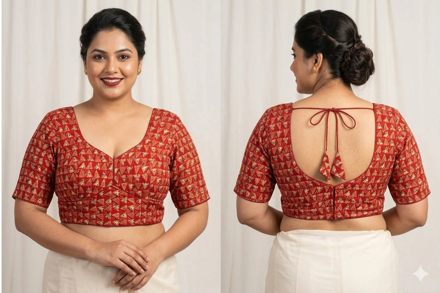 Ethnic Plus Size Blouse with Geometric Butti Print & Dori Back
