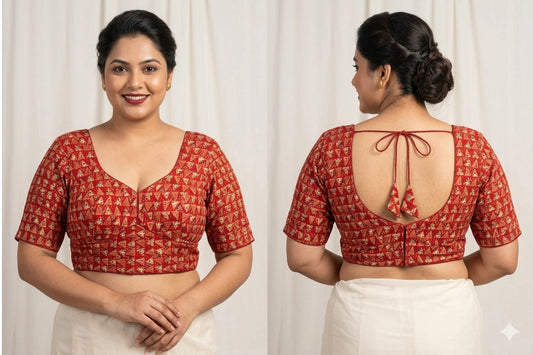 Ethnic Plus Size Blouse with Geometric Butti Print & Dori Back