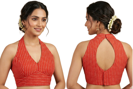 Pure Cotton Geometric Print Classic Halter Neck Ethnic Blouse