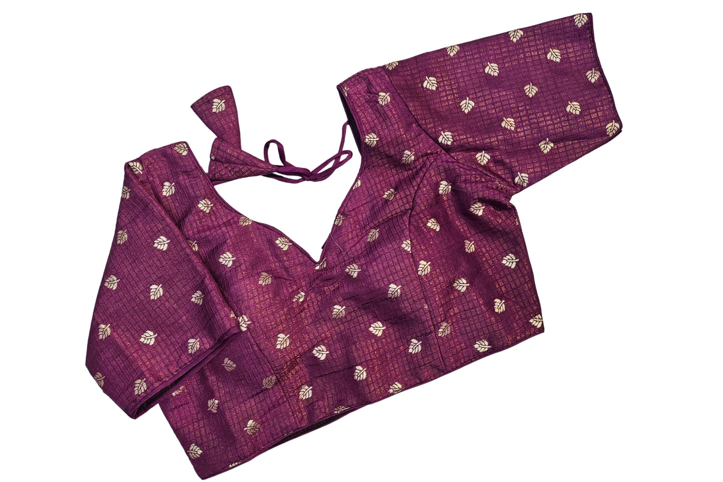 Brocade Blouse with Gold Checks Butti & Deep Back Tie-Up Design