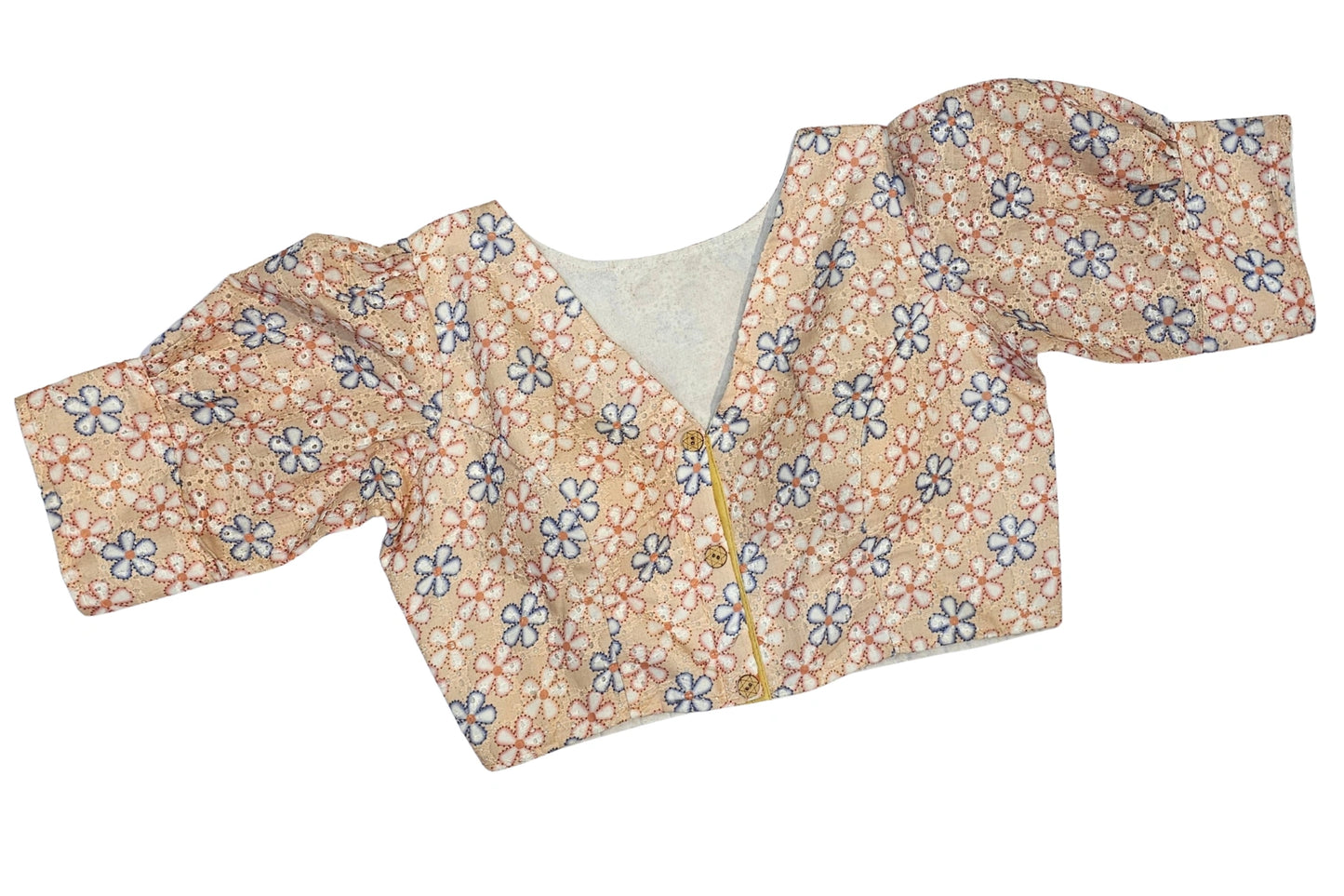Cotton Floral Hakoba Blouse with Puff Sleeves and Front Buttons