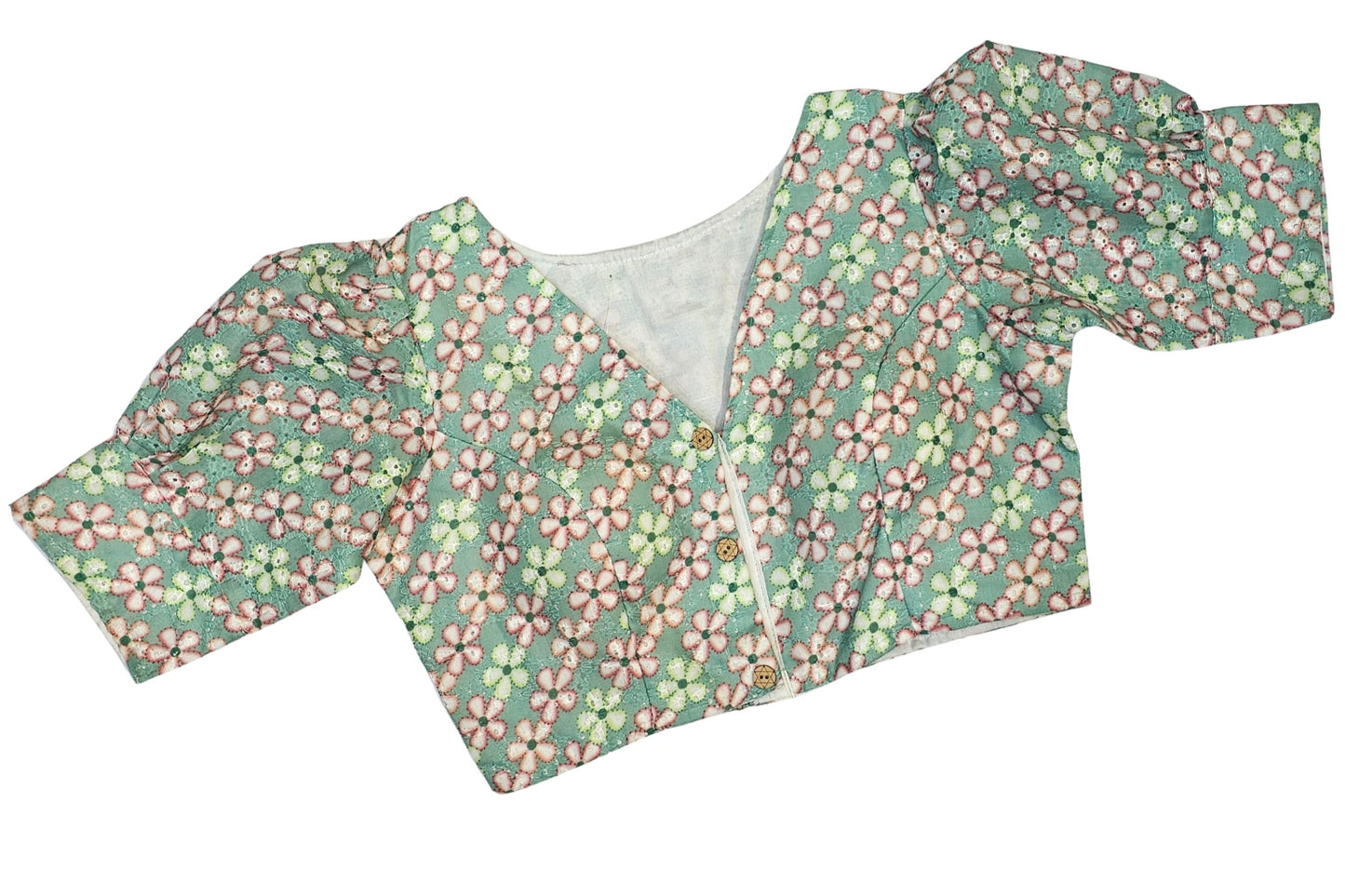 Cotton Floral Hakoba Blouse with Puff Sleeves and Front Buttons