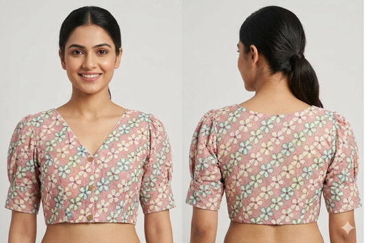 Cotton Floral Hakoba Blouse with Puff Sleeves and Front Buttons