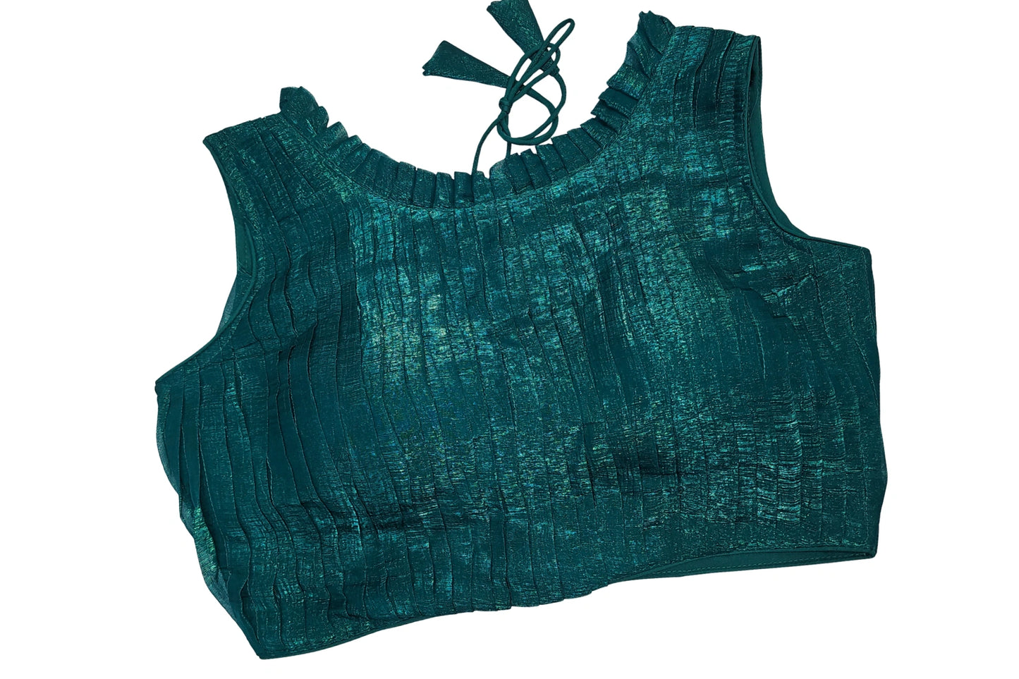 Textured Pleated Boat Neck Sleeveless Designer Blouse