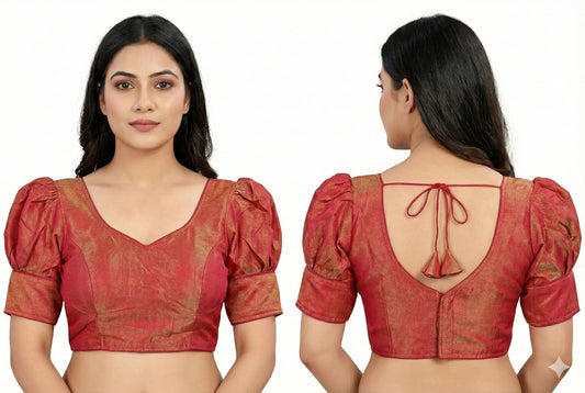Plain Raw Silk Ballon Sleeves Readymade Blouse with Tie Back