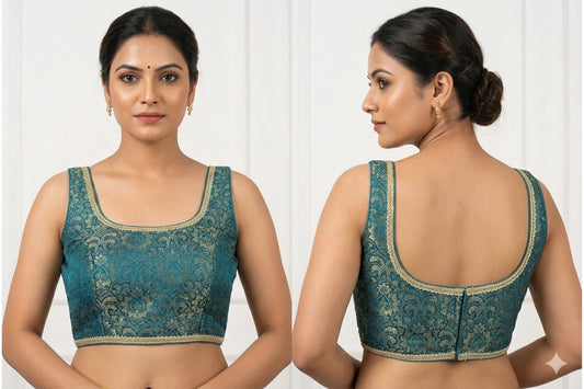 Sleeveless Designer Brocade Blouse with Golden Lacing Finish