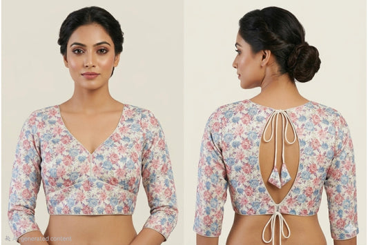 Hakoba Cotton Soft Floral Blouse with Full Sleeves and Keyhole Back
