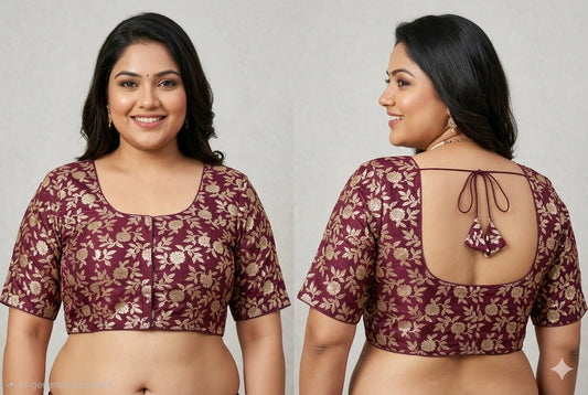 Floral Golden Zari Blouse with Plus Size Fit & Tie-Up Back