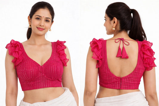 Elegant Designer Blouse with Frill Sleeves and Deep Back