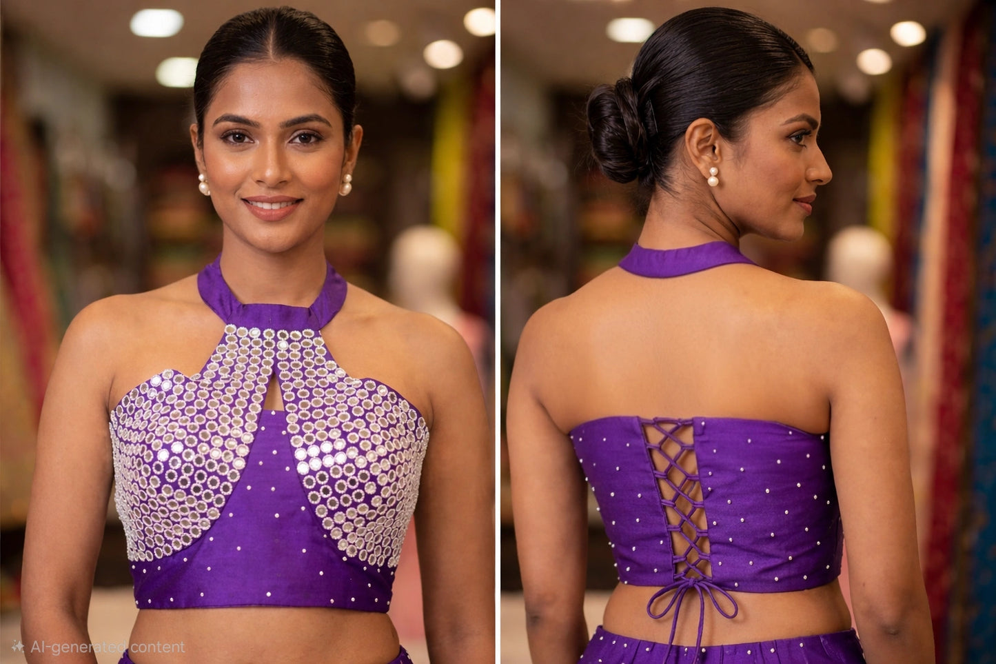 Designer Halter Neck Blouse with Mirror Work & Lace-Up Back