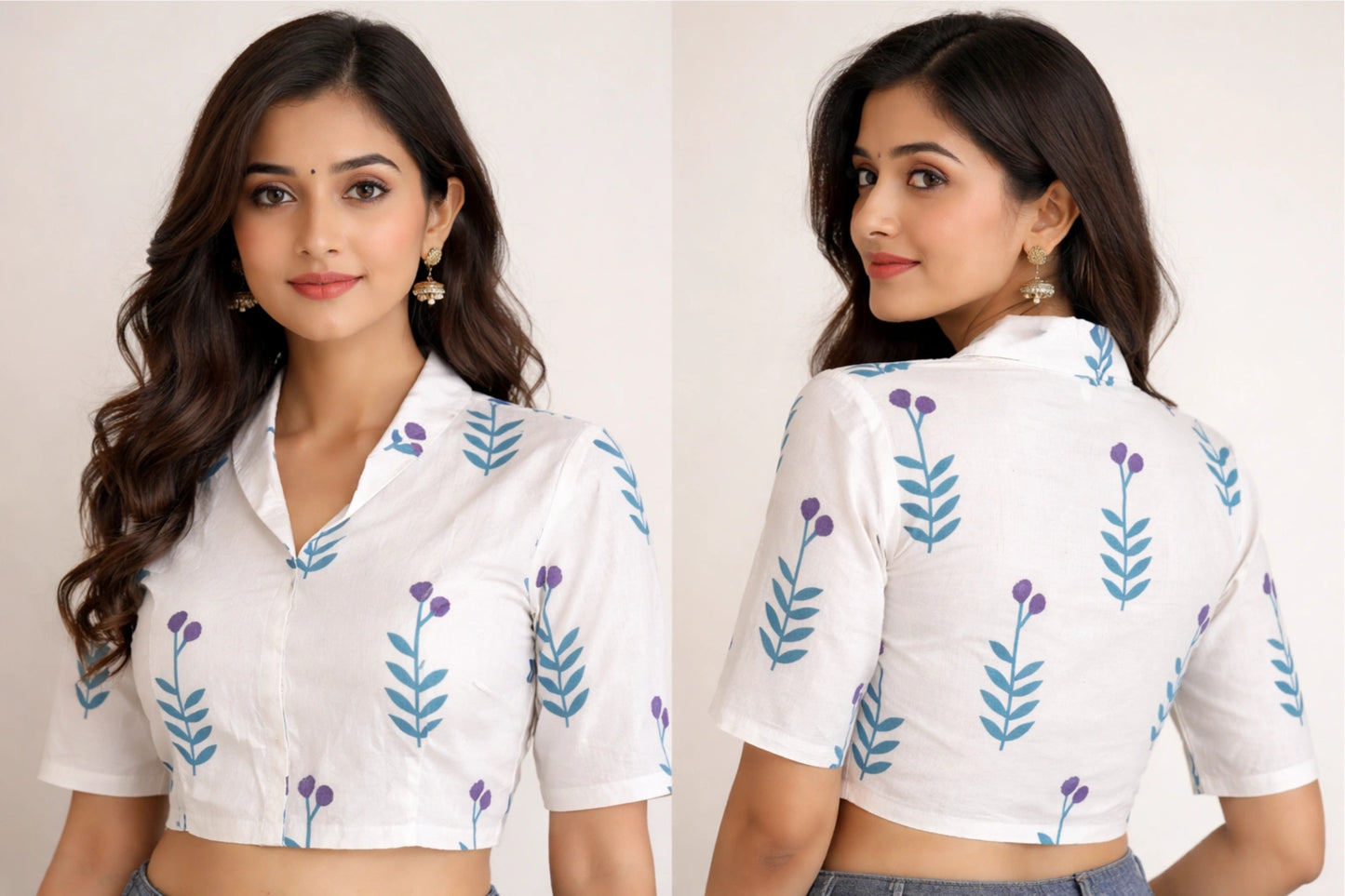 Cambric Cotton Collar Neck Elbow Sleeves Readymade Blouse Printed
