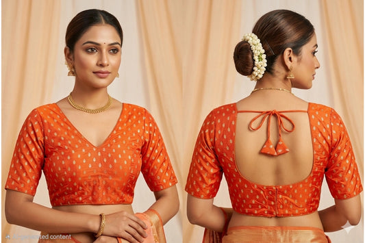 Brocade Silk Blouse with Gold Leaf Butti & Tie-Up Back Design