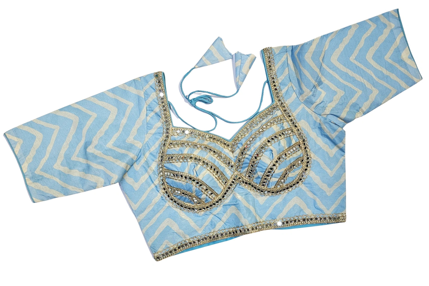 Leheriya Printed Blouse with Mirror Work & Tie-Up Back