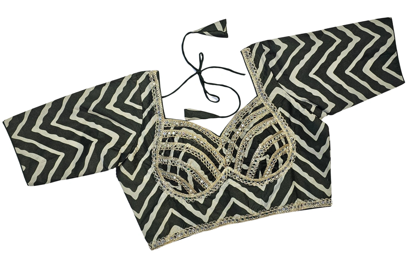 Leheriya Printed Blouse with Mirror Work & Tie-Up Back