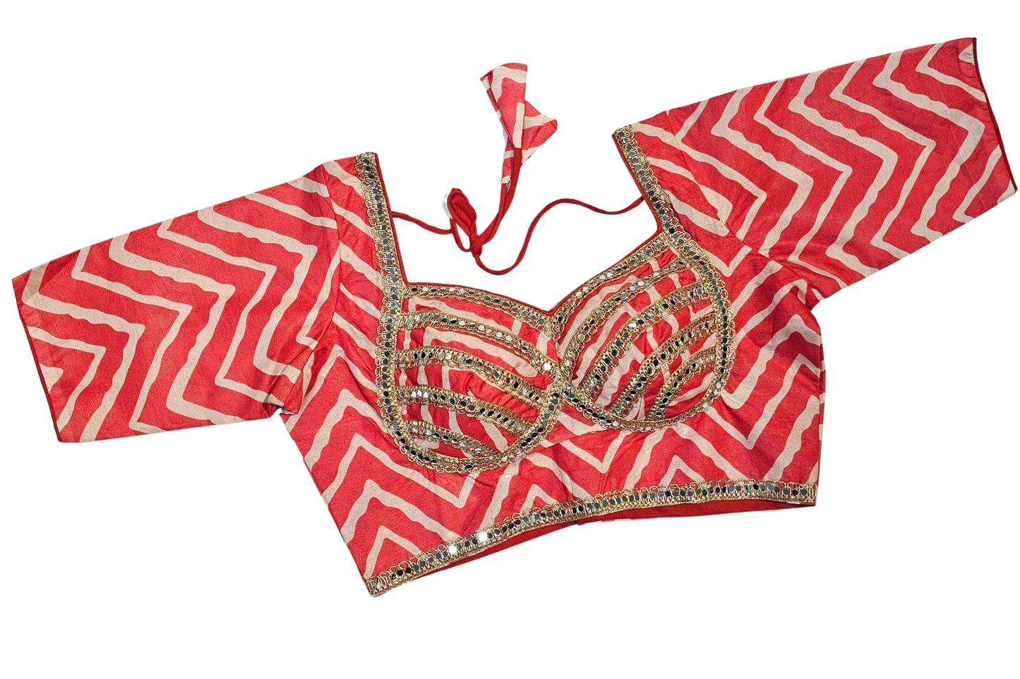 Leheriya Printed Blouse with Mirror Work & Tie-Up Back