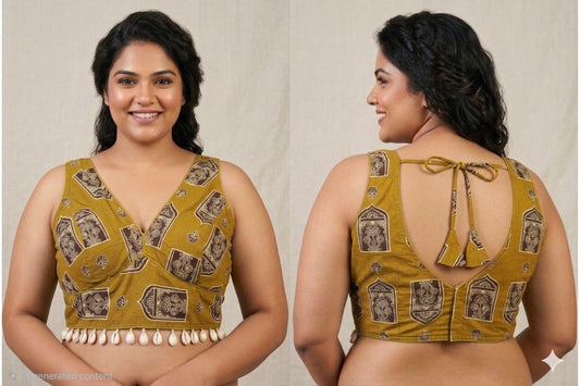 Hand block Inspired Readymade Blouse with kaudi latkans all around front