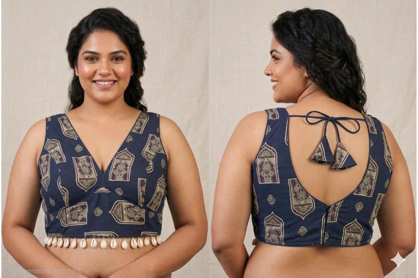 Hand block Inspired Readymade Blouse with kaudi latkans all around front