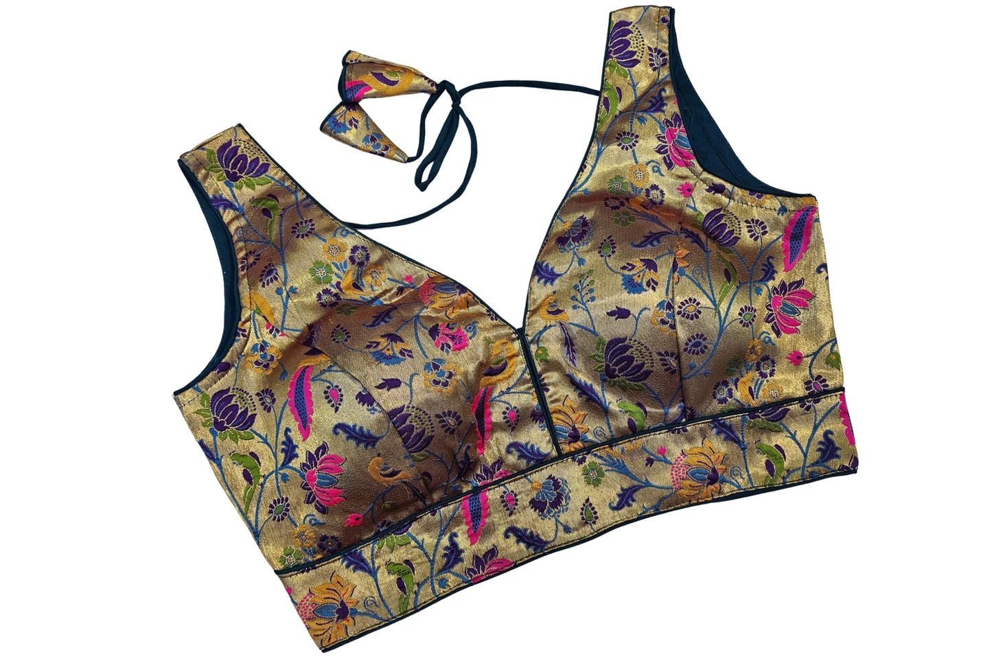 Elegant Multicolor Woven Gold Paithani Blouse with Deep Back Knot