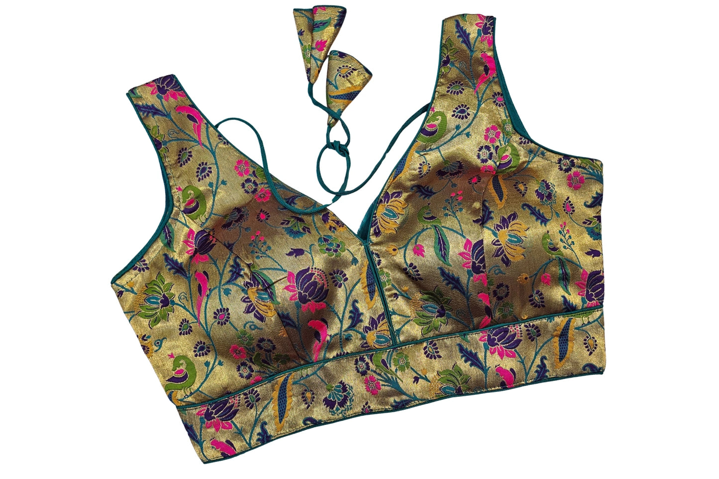 Elegant Multicolor Woven Gold Paithani Blouse with Deep Back Knot
