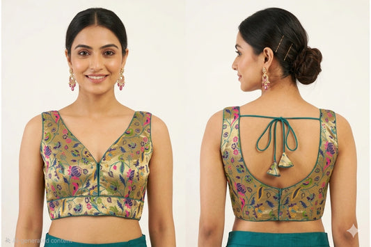 Elegant Multicolor Woven Gold Paithani Blouse with Deep Back Knot